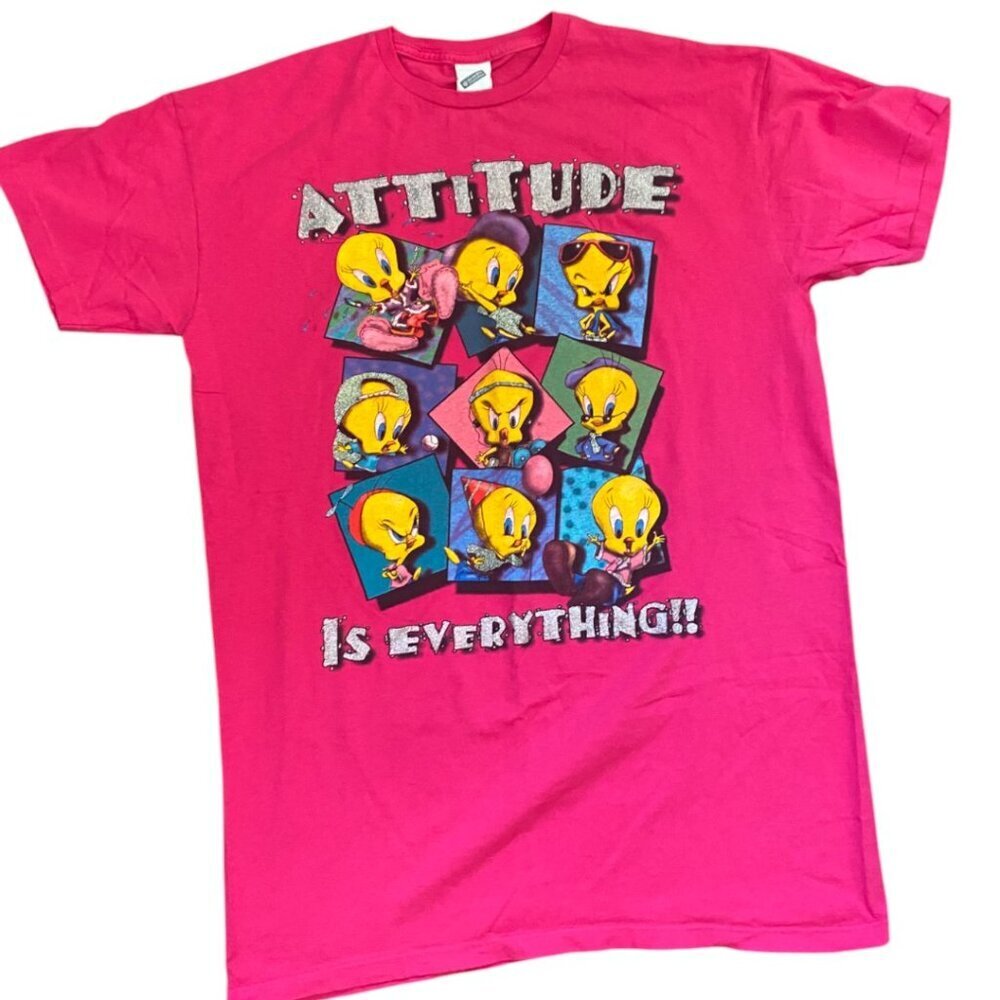 90's Vintage Looney Tunes Tweety Bird Oversized Shirt Pink Glitter